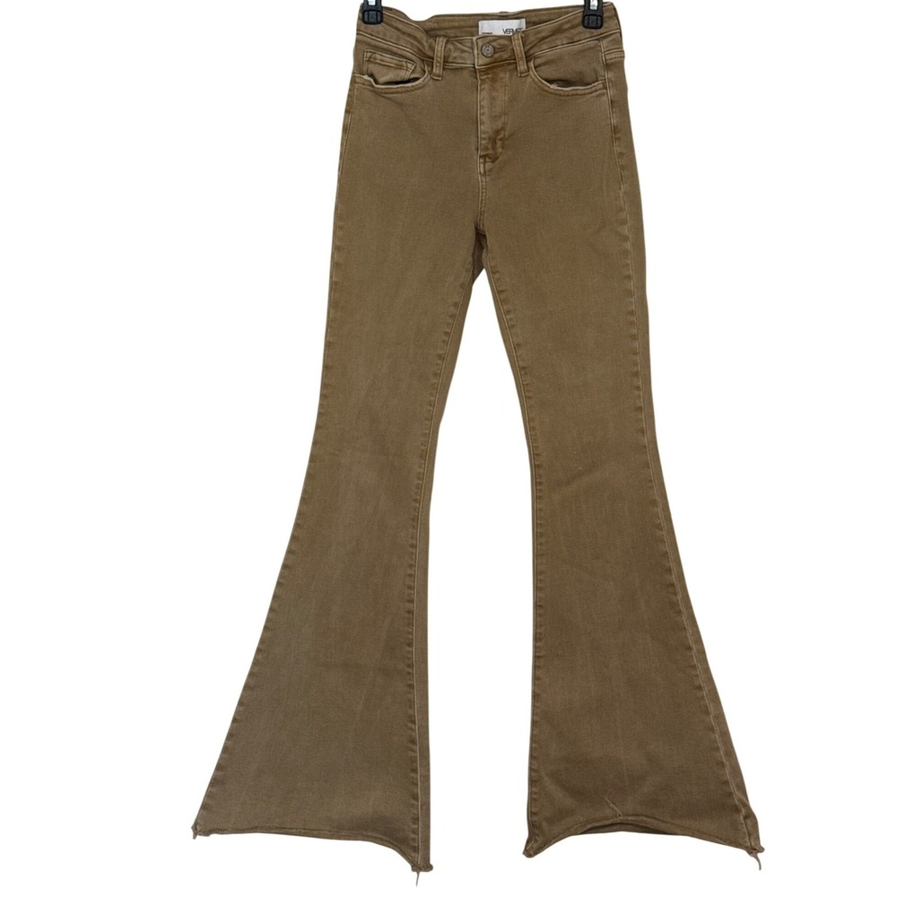 Vervet Flare Jeans Tan High Rise Raw Hem Stretch Denim Womens 26